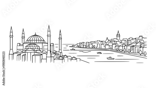 Istanbul City Skyline Line Art. Hagia Sophia Bosphorus Vector Illustration