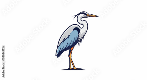 A stylized depiction of a heron with blue, white, and orange plumage