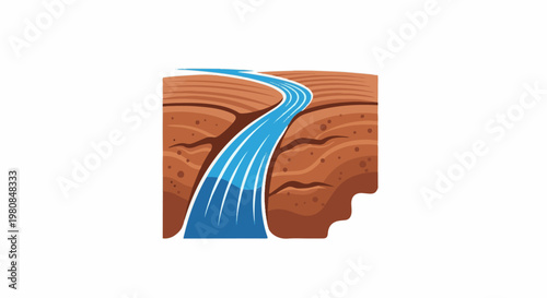 A stylized depiction of a river flowing through layered, dry, eroded earth