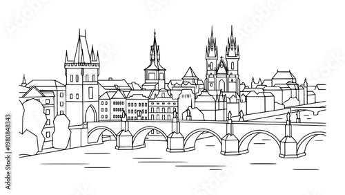 Prague Old Town Skyline Line Art. Charles Bridge Castle Vector Illustration