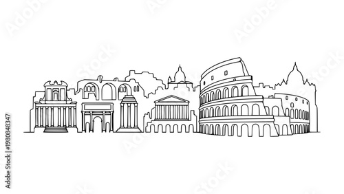 Rome City Skyline Line Art. Colosseum Roman Forum Vector Illustration