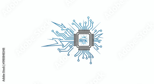 A stylized digital microchip with blue circuit lines and lightning bolts