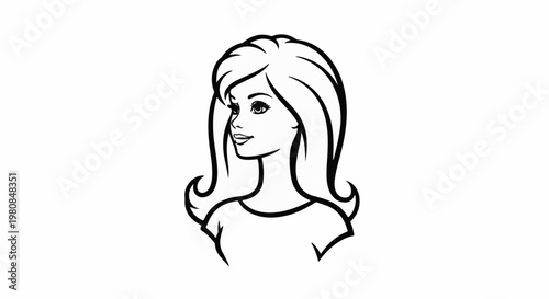 A stylized black and white line drawing of a young woman's head and shoulders