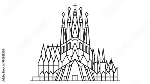 Barcelona City Skyline Line Art. Sagrada Familia Silhouette Vector Illustration
