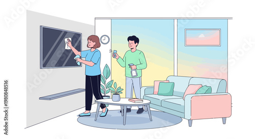 Couple cleaning living room together with spray bottles.