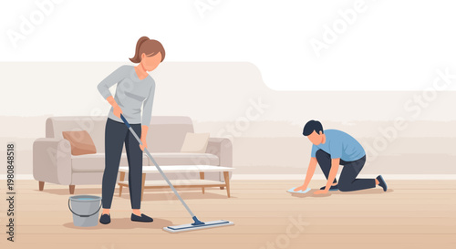 Couple cleaning living room together with mop and cloth.