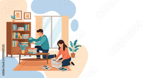 Couple organizing books and papers at home.