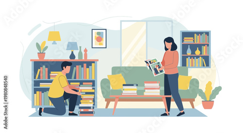 Couple organizing books on shelves in living room.