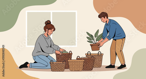 Couple Packing Baskets for Moving Day.