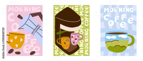 Morning coffee poster set. Cafe wall art with coffee maker and mugs for kitchen decor, menu design, or shop flyer. Vector illustration