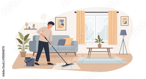 Man mopping floor in a clean living room.