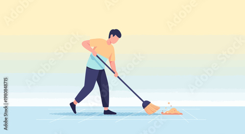 Man sweeping floor with mop cleaning domestic space.
