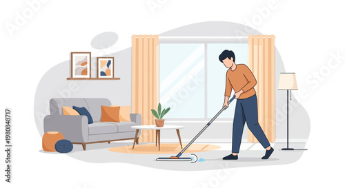 Man vacuuming living room floor with modern vacuum cleaner.