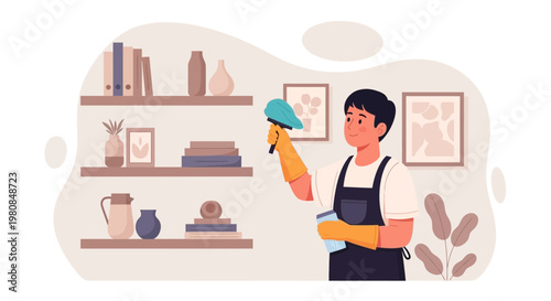 Man cleaning shelves with duster and spray bottle.