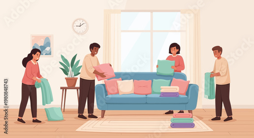 People arranging cushions on a blue sofa.