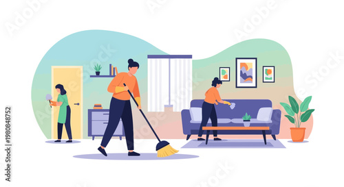 People cleaning and tidying up a living room together.