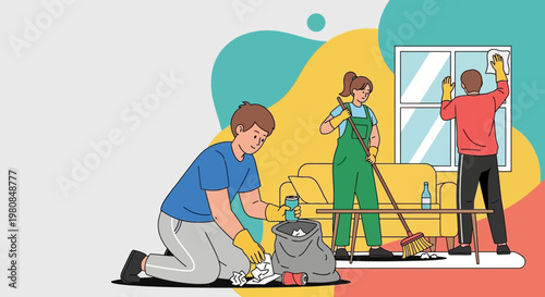 Team of people cleaning a house together.