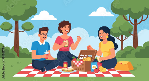 Three friends enjoying a delightful picnic in a sunny park.