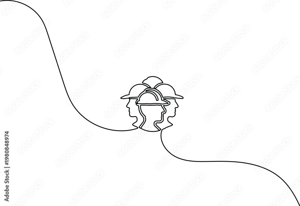 Obraz premium Continuous one-line drawing of a worker group in hard hats. Minimalist silhouette for Labour Day, teamwork, unity, and industrial workforce concept.