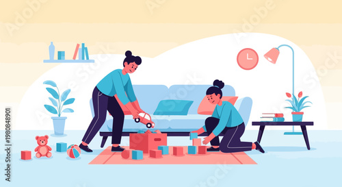 Two people playing with toys on the floor.