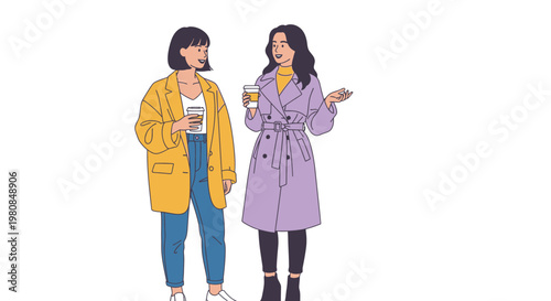 Two stylish women chatting outdoors holding coffee cups.