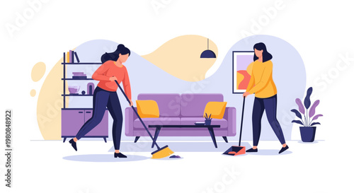 Two women cleaning a living room with brooms.
