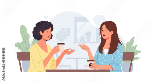 Two women enjoying coffee and conversation at a cafe table.