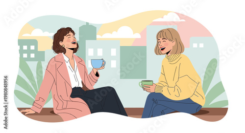 Two women enjoying coffee and conversation outdoors 1.