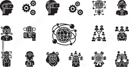 Black and white icons of global connections and technology