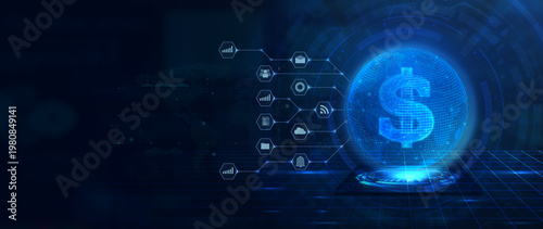 A futuristic digital environment showcasing a glowing dollar symbol surrounded by data icons, representing finance and technology integration.