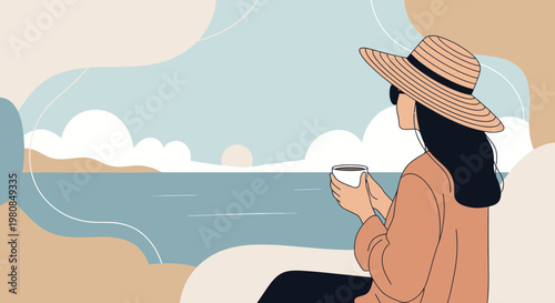 Woman in straw hat holding coffee cup enjoying scenic view.