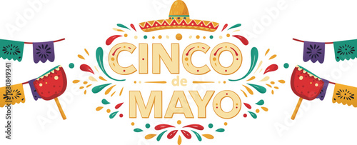 Vibrant cinco de mayo celebration logo with papel picado banners and fiesta elements