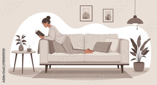 Woman reading book on comfortable sofa in cozy living room.