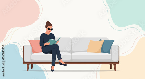 Woman Reading Book on Sofa.
