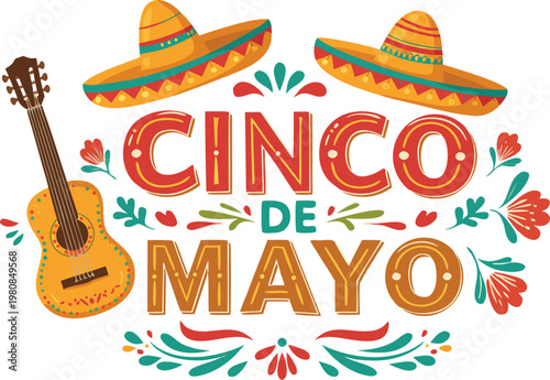 Vibrant cinco de mayo celebration graphic with sombreros and guitar