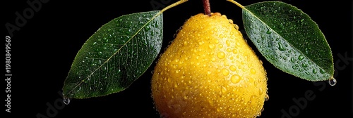 Fresh yellow pear with green leaves and water droplets isolated on a black background, perfect for healthy eating, organic food concepts, and culinary design projects.