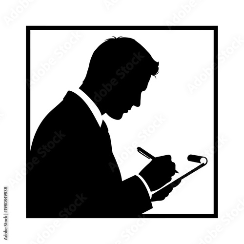 Silhouette of a businessman writing on a clipboard in black and white.