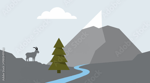 Serene Mountain Landscape with Goat and Pine Tree