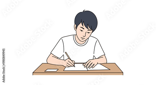 Young Asian man writing on paper.