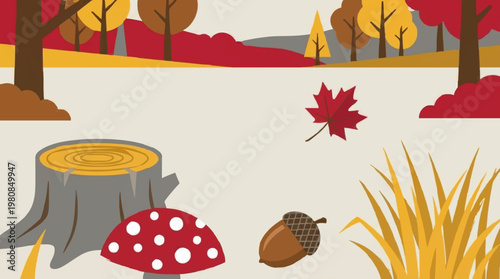 Autumn Forest Scene with Mushroom and Acorn