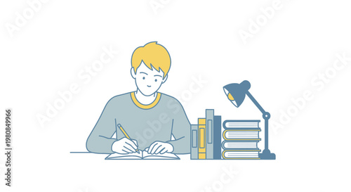 Young man sitting at desk writing.