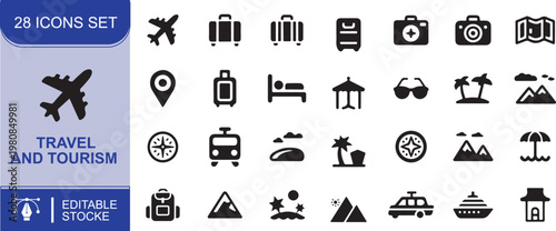 Set of vector web design icons including business travel communication map home car hotel money and website symbols 
