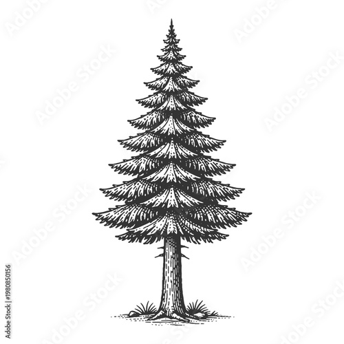 Vintage engraving pine tree vector illustration isolated on white background for outdoor adventure logo design and retro nature branding graphics elements