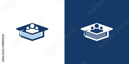 Education logo design with graduation cap and books student learning concept.
