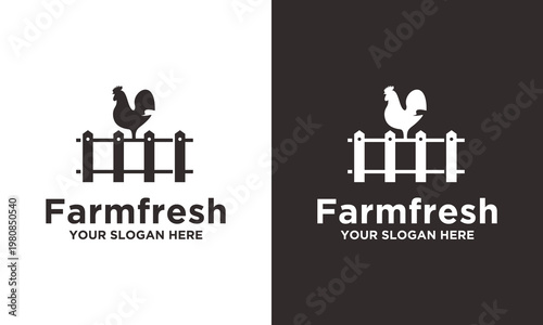 Farmfresh Logo Design Rooster on Fence Modern Branding Concept.