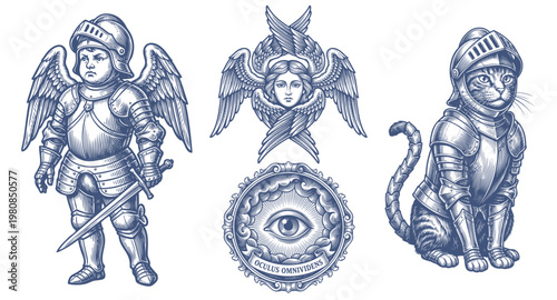 Vintage vector illustration set with winged knight, armored cat, angelic face and mystical all seeing eye emblem, occult medieval fantasy collection elements.