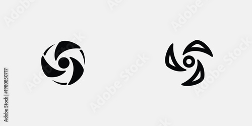 Two stylized black and white swirling vortex symbols on a light background.