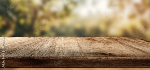 Empty rustic wooden table surface with blurred green-yellow foliage background