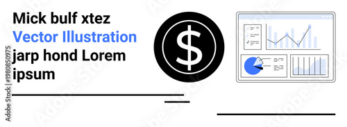 Black dollar icon alongside financial dashboard with charts, graphs, and data insights. Ideal for business analytics, economic reports, finance studies, data-driven decisions, market trends