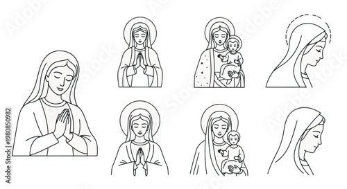 A collection of minimalist black and white line art illustrations depicting the Virgin Mary in prayer and with Baby Jesus.
